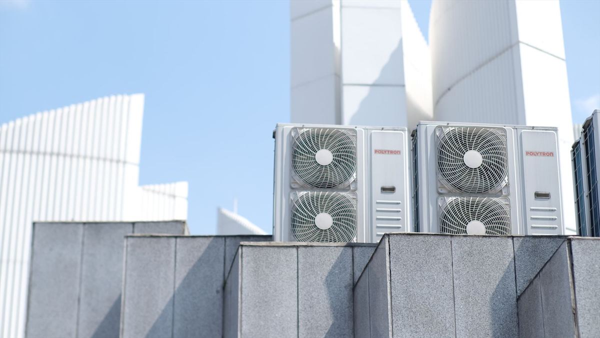 Outdoor cooling and air conditioning units on a building facade