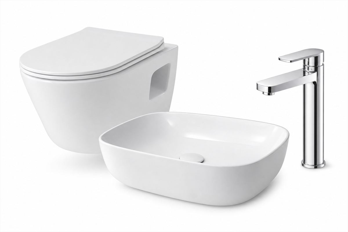 Modern bathroom with basin, mixer tap and sanitary ware